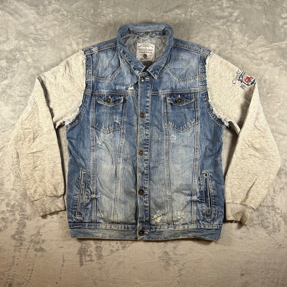 Cipo & Baxx Mens Denim Jacket Distressed Mixed Media Sweatshirt Sleeves Blue L